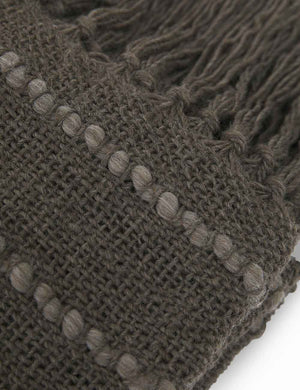 Detailed shot of the light gray detailing in the Pismo dark gray pure wool throw blanket with fringed ends