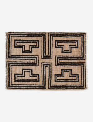 Senna neutral hand-knotted wool small area rug with black geometric pattern