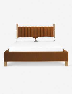 Ambleside Cognac Velvet upholstered bed with a wood-post bed frame and a headboard with vertical channeling by Ginny Macdonald