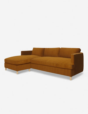 Angled view of the Belmont cognac velvet left-facing sectional sofa