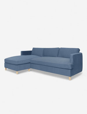Angled view of the Belmont Harbor Blue Velvet left-facing sectional sofa