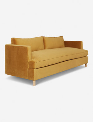 Angled view of the Goldenrod Velvet Belmont Sofa
