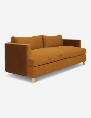 Angled view of the Cognac Velvet Belmont Sofa