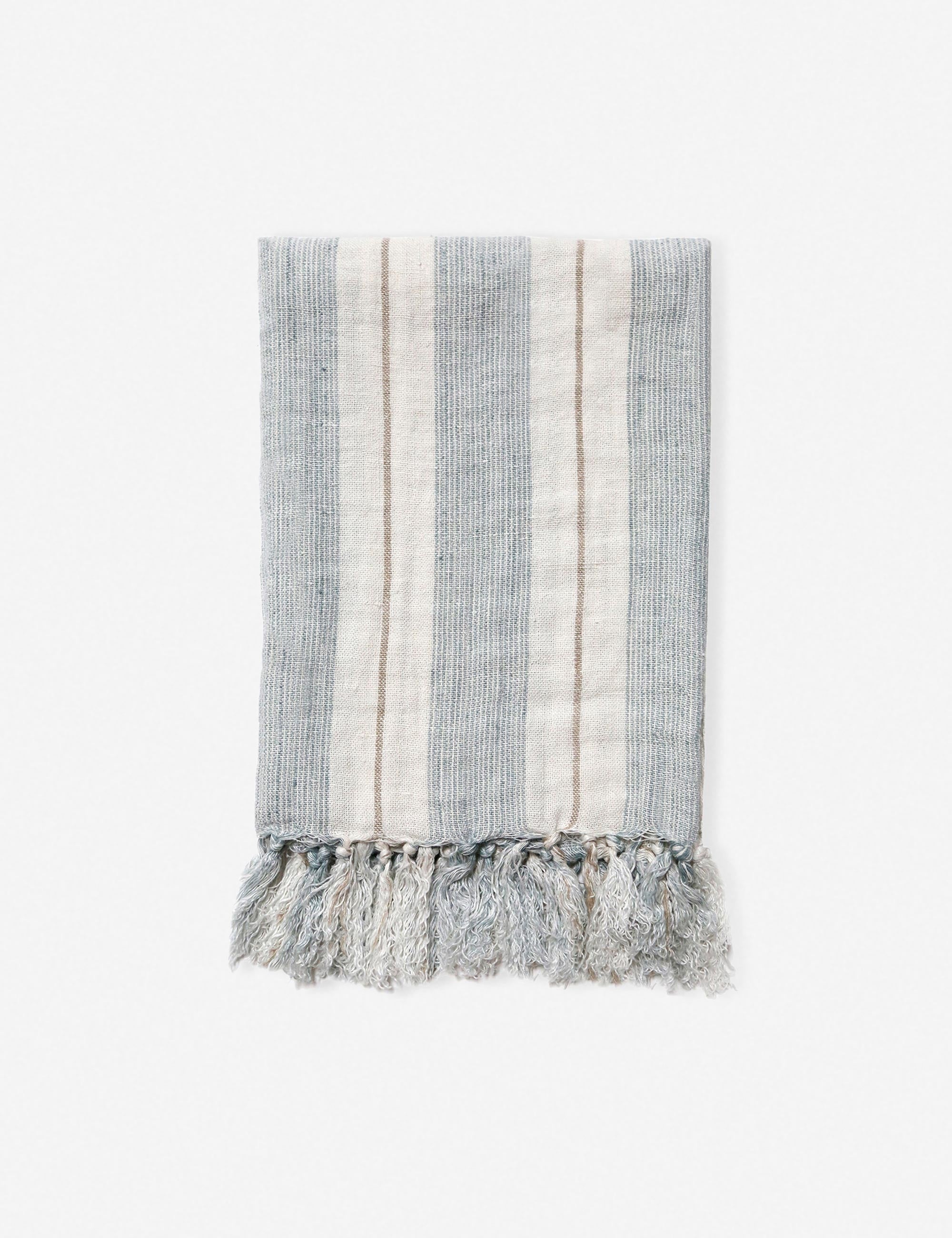 #color::ocean #size::110--x-90- #size::90--x-90- | Laguna blue and cream striped linen blanket by pom pom at home with tassel fringed ends