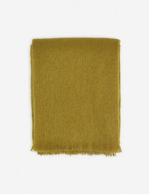 Aimee mohair mustard yellow wool throw blanket with fringe ends