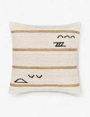 Iconic ivory stripe square pillow with orange stripes and black symbols by Sarah Sherman Samuel